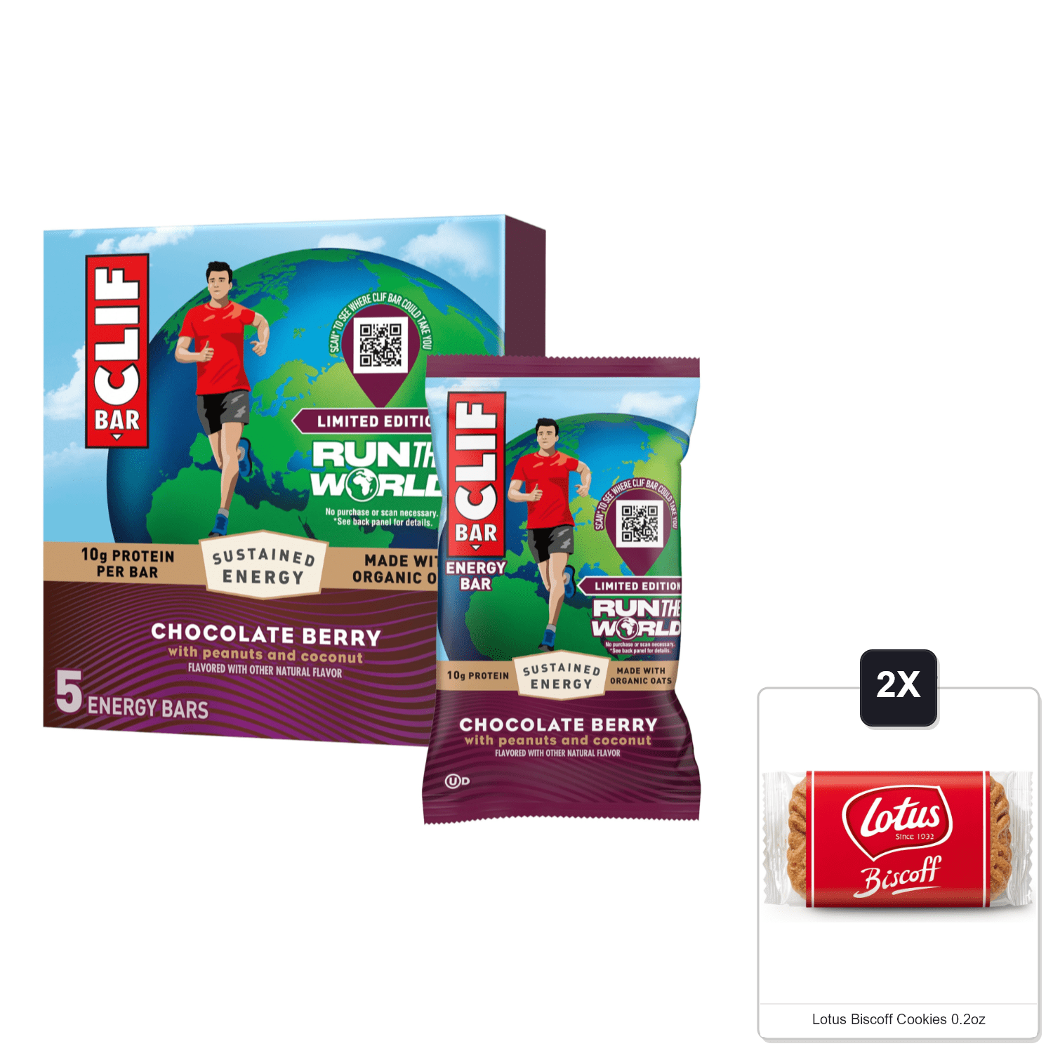 Clif Bar – Energy Protein Bars – Limited Edition Run The World - Chocolate Berry - Made With Organic Oats - Energy Bars - Non-Gmo (5 Pack) & 2x Lotus Biscoff Cookies 0.2oz