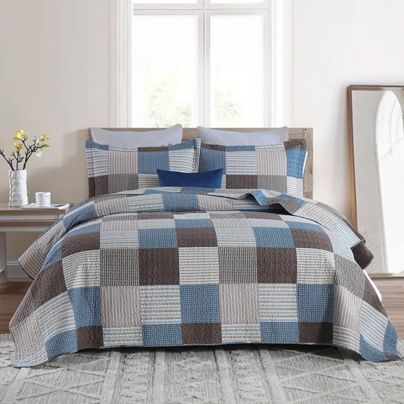 PANGUSHAN Juego de edredón 100% algodón King Size Patchwork Plaid King Juego de ropa de cama colchas de granja ligero edredón reversible azul/marrón cama para cama King 3 piezas