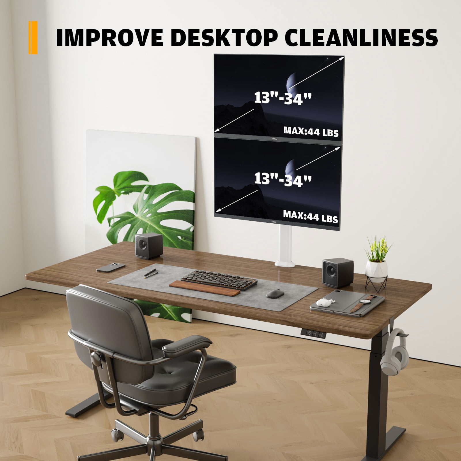 Hemudu Dual Monitor Articulating Desk Mount Arm Stand - Vertical Stack Screen Supports Two 13 to 34 Inch Computer Monitors with C Clamp White