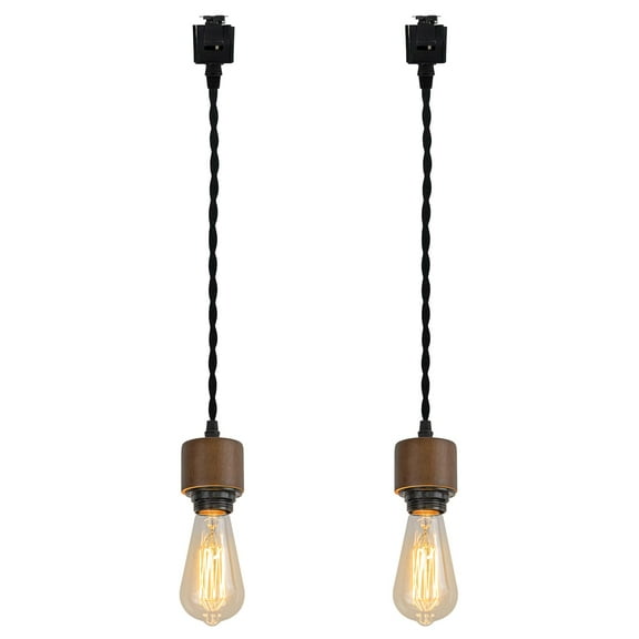 KAYYELAMP 1.96Feet Corded Track Lighting E26 Walnut Base J-Type Track Pendant Light Retro Design for Kitchen Loft Dining Room Store Set Two(No Bulb, Track)