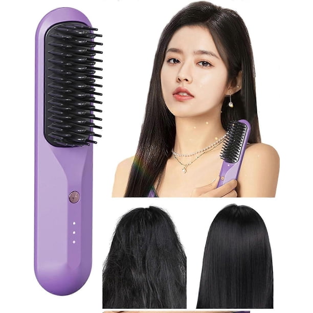 Cordless Hair Straightener Comb, Cordless Hair Straightener Brush - Negative Ion USB Rechargeable Hot Comb - 3D Pronged Flat Iron Comb with 3 Strokes