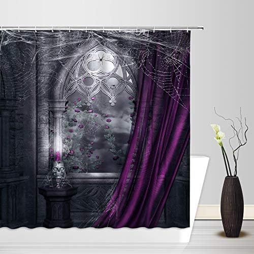 Gothic Blue Violet Roses Skull Head Tattoo Retro Flowers Scary order Horror Vintage Halloween Spooky Night Bathroom Decor Gift Shower Curtains