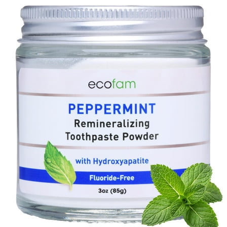Ecofam Toothpaste Powder - Remineralizing Tooth Powder, Nano Hydroxyapatite and Xylitol, Fluoride Free, Supports Enamel Strength & Gum Health - Peppermint