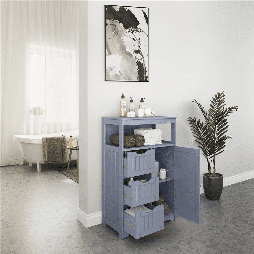 Fullfurnique Bathroom Floor Cabinet with 1 Door and 3 Drawers, Gray