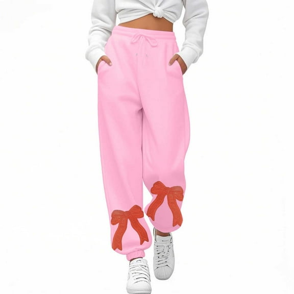 Fiaer Sweatpants Women Bow Decor Plus Size Pants Loose Fit Casual Baggy Trendy Pocket Trousers Christmas Gift for Women Pink XL