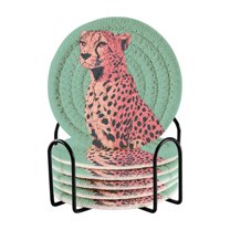 Yayeee 6 PCS Drink Coasters with Holder Set Woven Absorbent Round Tabletop Hot Pad, Big Pink Cheetah