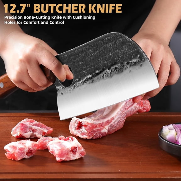 Chef Knife Set, 3 PCS Japanese Kitchen Butcher Knife Set, Serbian Chef Knives Meat Cleaver  Boning Knives, Professional Hand Forged Steel, for Home Outdoor Cooking Camping BBQ