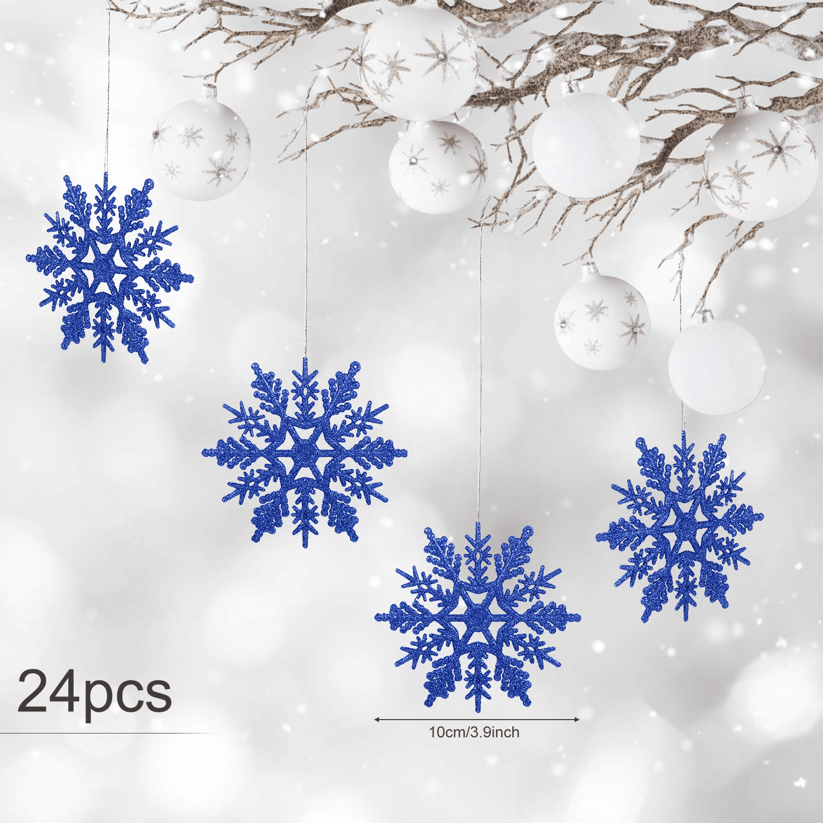 Naler Plastic Snowflake Ornaments, 24pcs White Snowflake Ornaments Glitter  Snowflake Ornaments with Hanging String for Christmas Tree Window Ceiling
