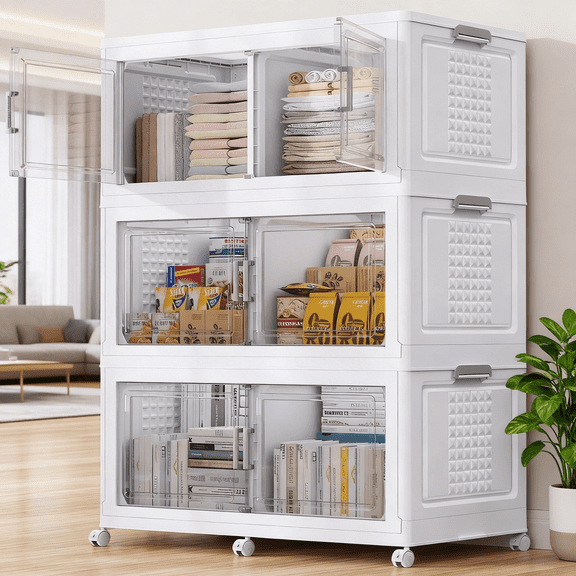 Broview 600QT Stackable Storage Bins with Lid, Wheels & Dividers, Extra Large Collapsible Plastic Closet Organizers Storage Cabinet Box,3Pack White