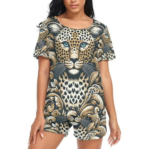 joogoo Women's Pajama Set Leopard Brown Short Sleepwear Loungewear with Pockets M