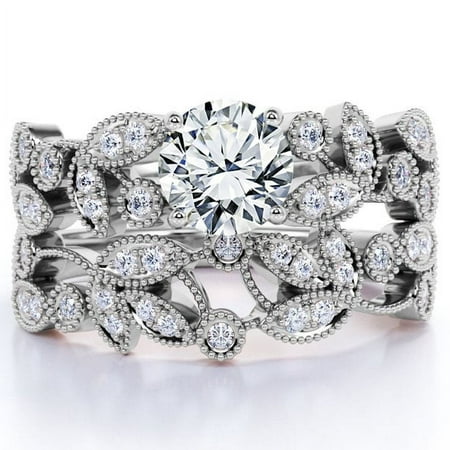 JeenMata 1.75 ct Vintage Round Cut Moissanite Flower Wedding Ring Set in 18K White Gold over Silver