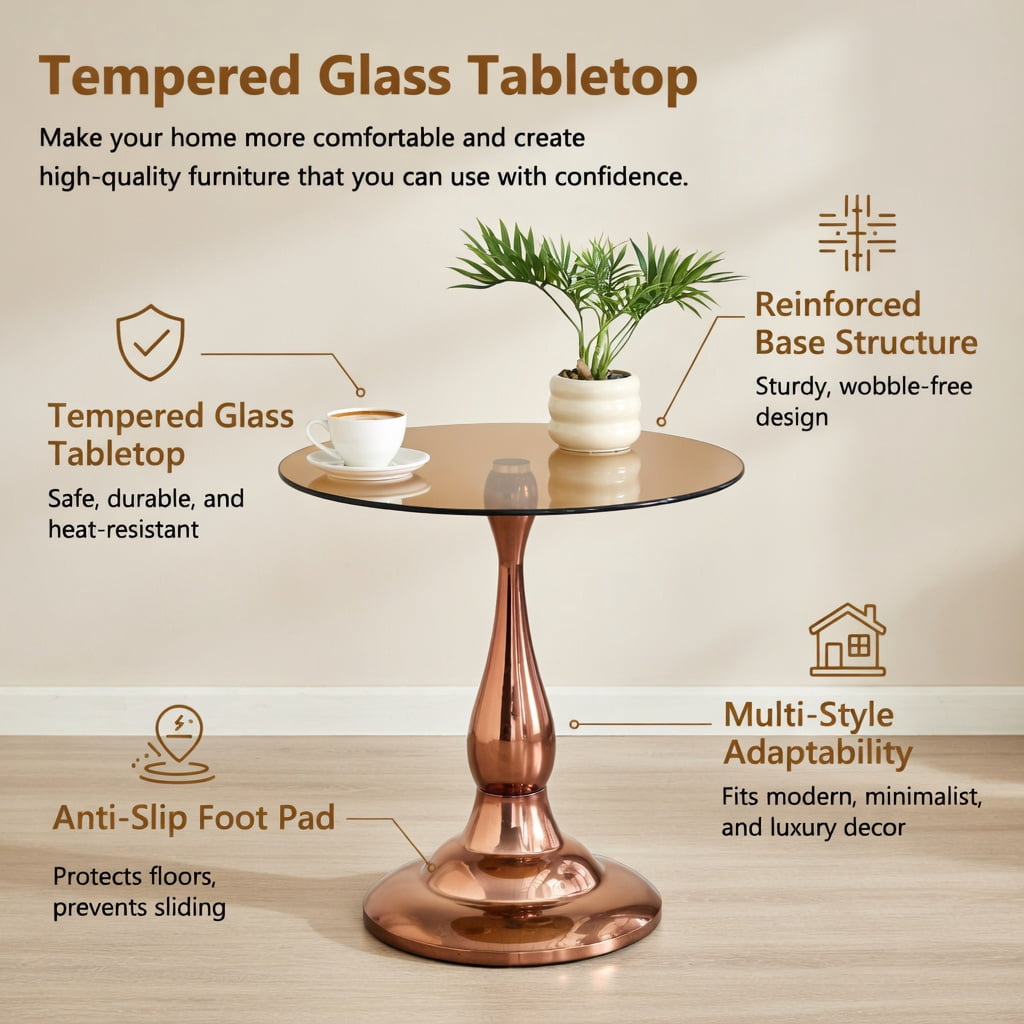 Hommoo Modern Metal Side Table with Tempered Glass Top, 20.3 in Height, 19.6 in Round Tabletop for Bedroom, Living Room, or Patio, Rose Gold
