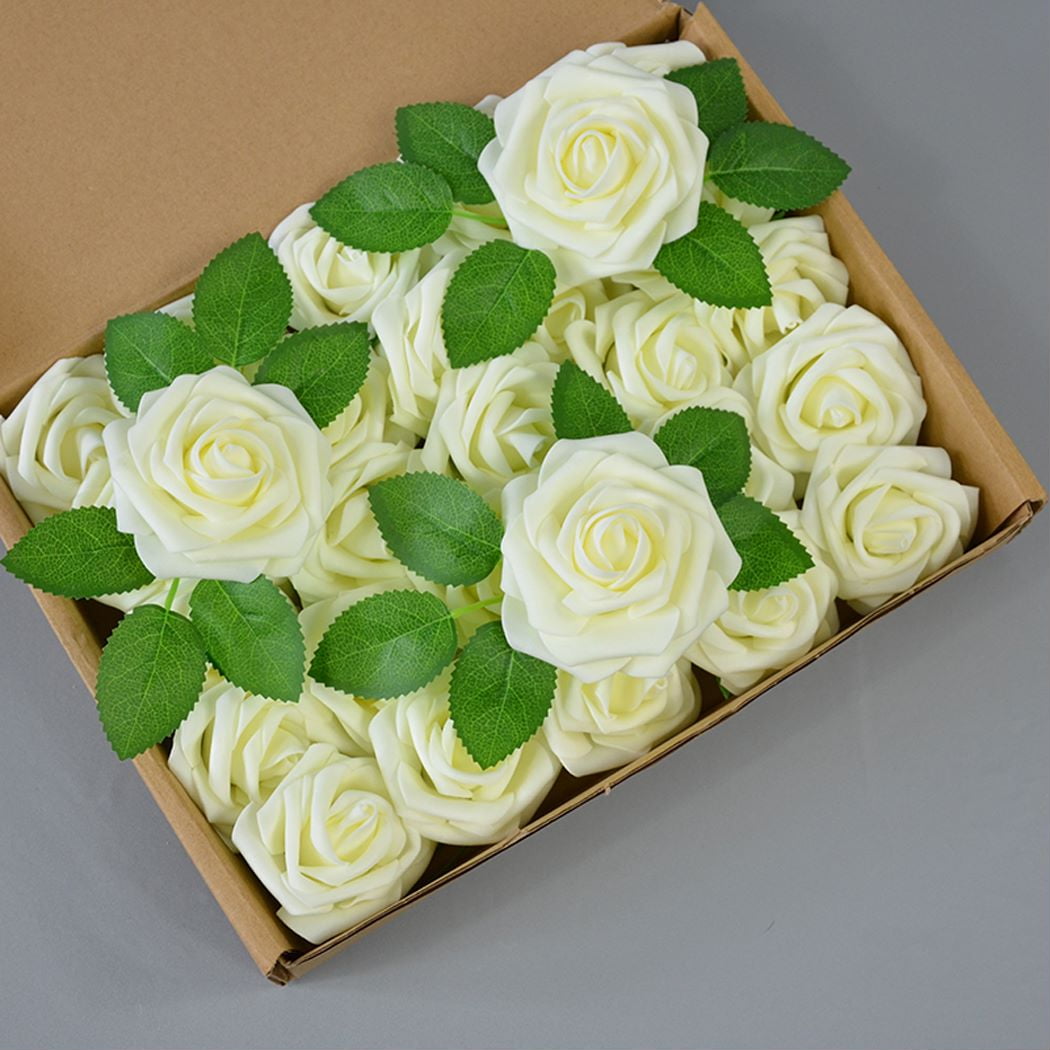 25pcs Artificial Flowers Foam Cream Rose Bulk with Stems for DIY