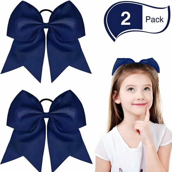 VANIDO 2 Packs Cheerleading Bow 8 Inch Cheer Hair Bows Large Cheerleading Hair Bows with Ponytail Holder for Teen Girls Softball Cheerleader Outfit Uniform (Navy Blue)