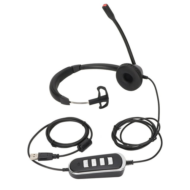Auriculares de teléfono negros monoaurales con cancelación de ruido y micrófono con tarjeta de sonido USB para atención al cliente en la oficina.