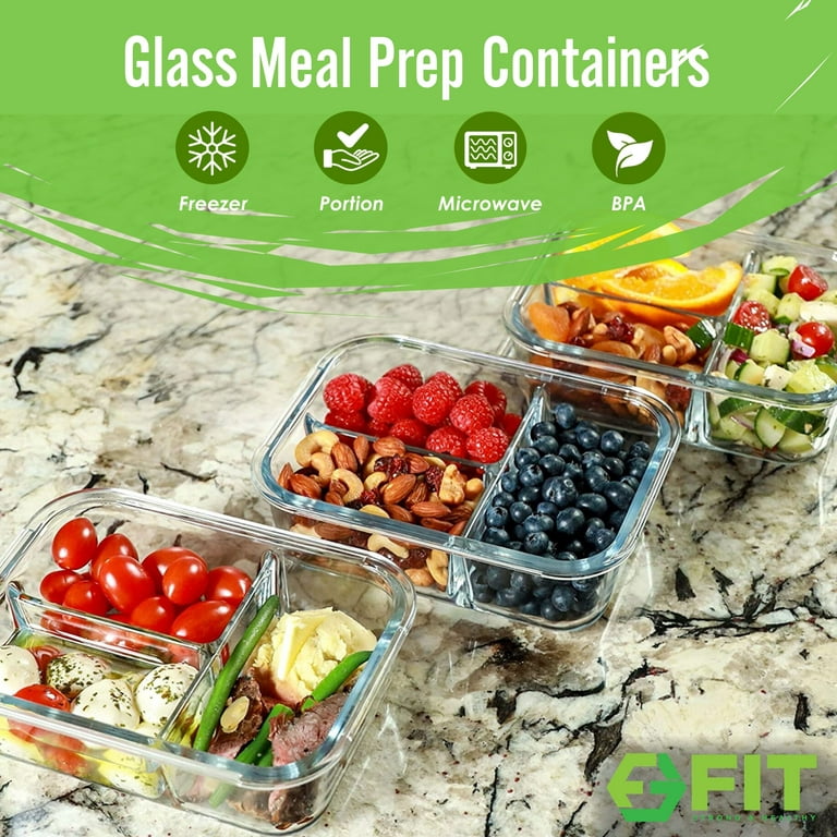 1 & 2 & 3 Compartment Glass Meal Prep Food Storage Containers with Lids, BENTO BOXES, PORTION CONTROL CONTAINERS, LUNCH CONTAINER
