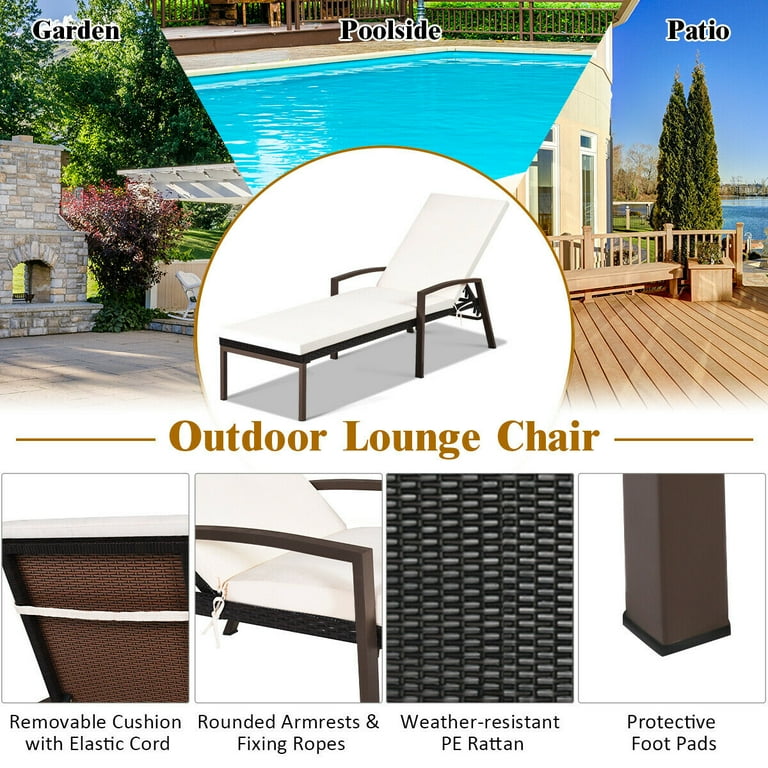 Costway 2PCS Patio Rattan Lounge Chair Chaise Recliner Back Adjustable Cushioned Garden Brown