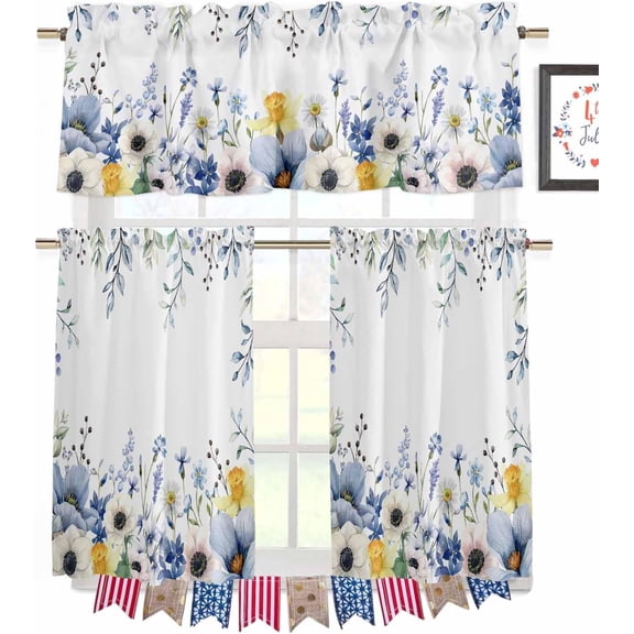 Eucalyptus Leaves Rod Pocket Kitchen Curtain Valance and Tiers Set,Blue Watercolor Floral Spring 3 Piece Rod Pocket Kitchen Window Treatment Curtain Tier and Valance Set 36" Long