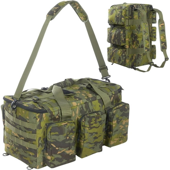 LuckySunDecorQZ 55L luggage bag with compartments and straps, suitable for men, large-sized sports and fitness luggage bag, suitable for weekend travel and camping(Camo Green)