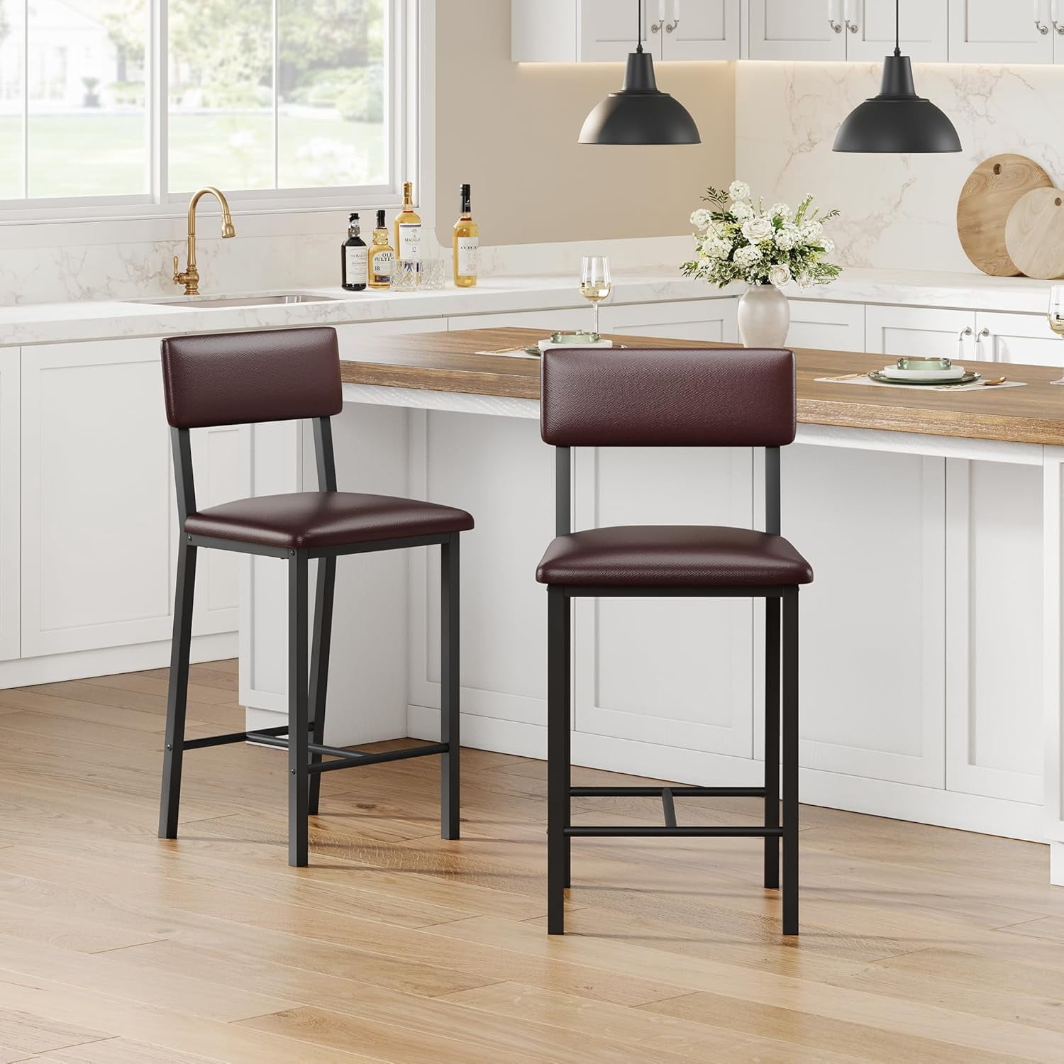 Set of 2 Counter Height Bar Stools - 400 lbs Heavy-Duty Metal Frame - Ergonomic PU Leather Upholstered Seat with Backrest & Footrest - Easy to Clean - Ideal for Kitchen Island, Home Bar, Dining
