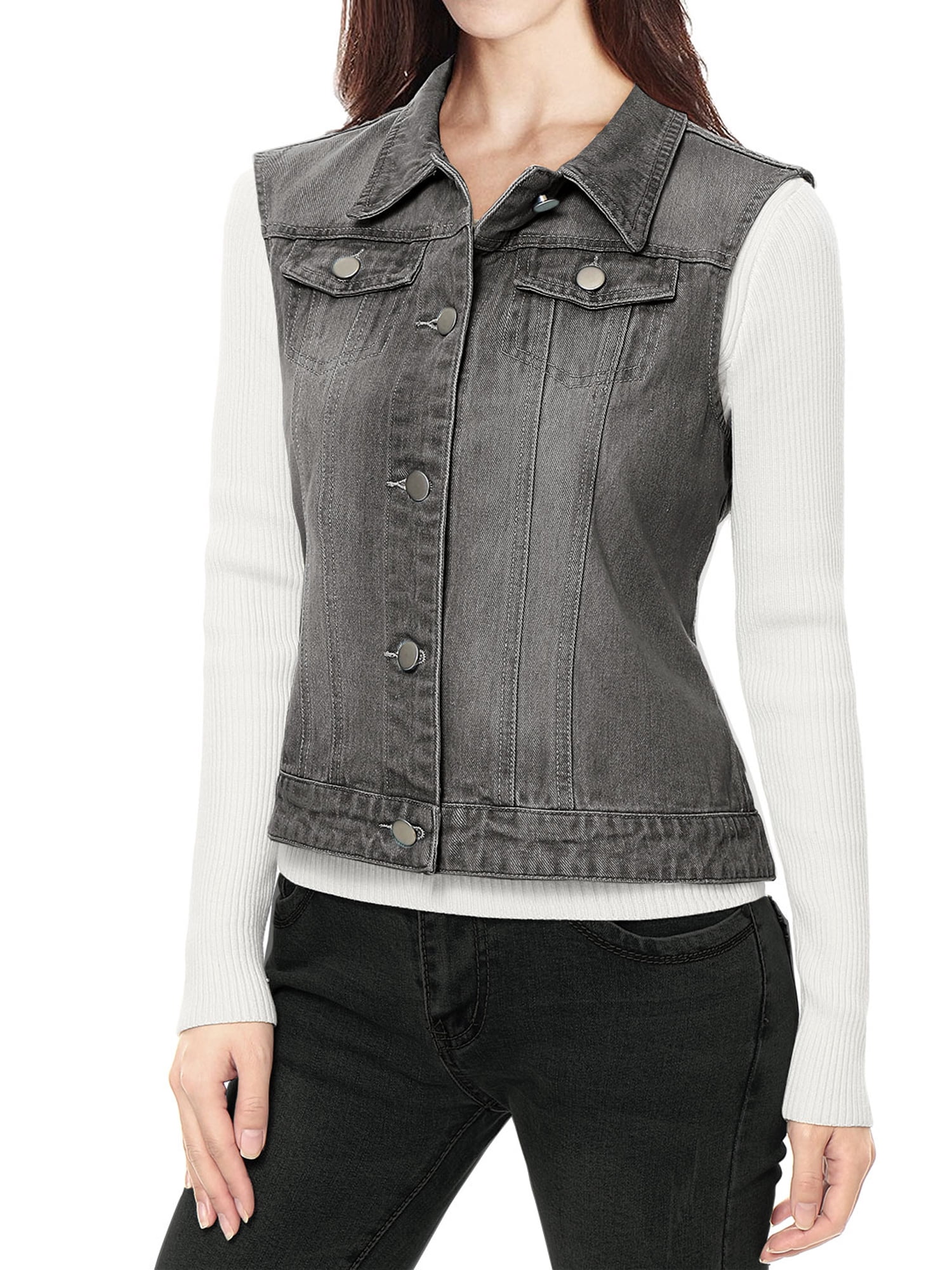 DARING DIVA Women's Denim Sleeveless Flap Pockets Vest Jacket M Gray