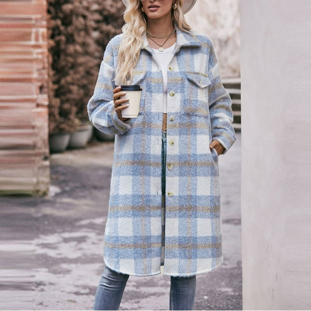 LOVZFMLL Jackets for Women's Fashion Loose Plaid Printed Hatless Jacket Tops