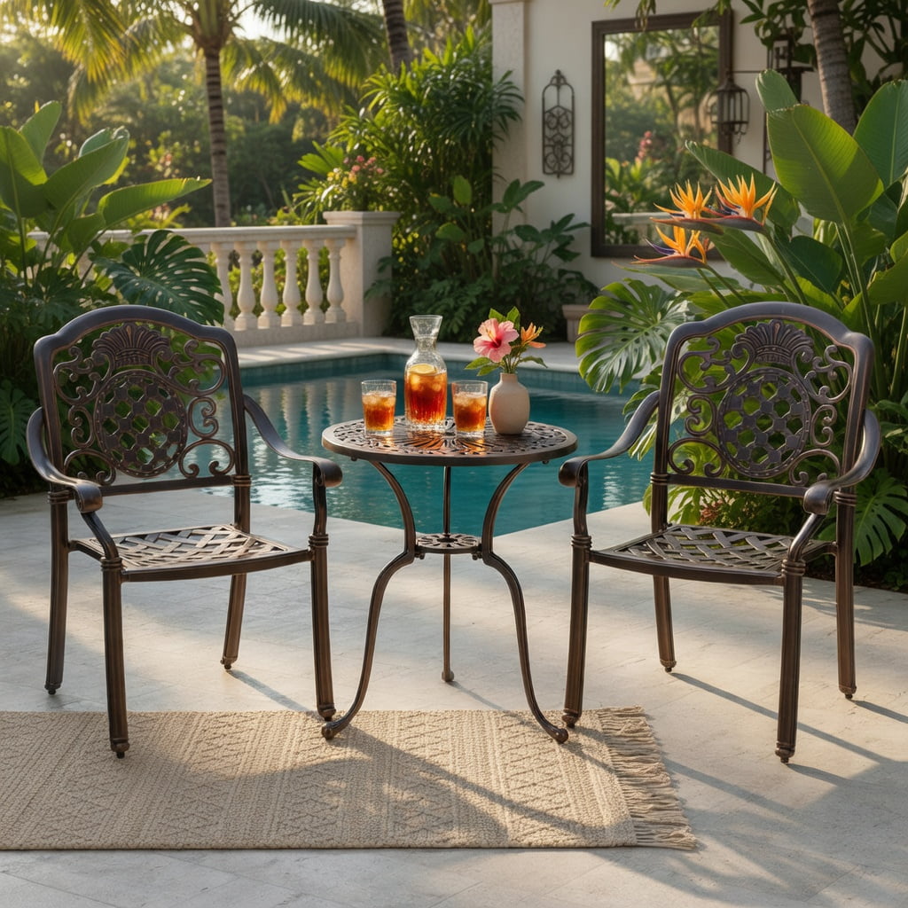 Hommoo 2-Pack Stackable Cast Aluminum Patio Dining Chairs in Red Copper, Rustproof, Weather-Resistant Outdoor Armchairs with Ergonomic Design & Adjustable Feet, Brown+Black