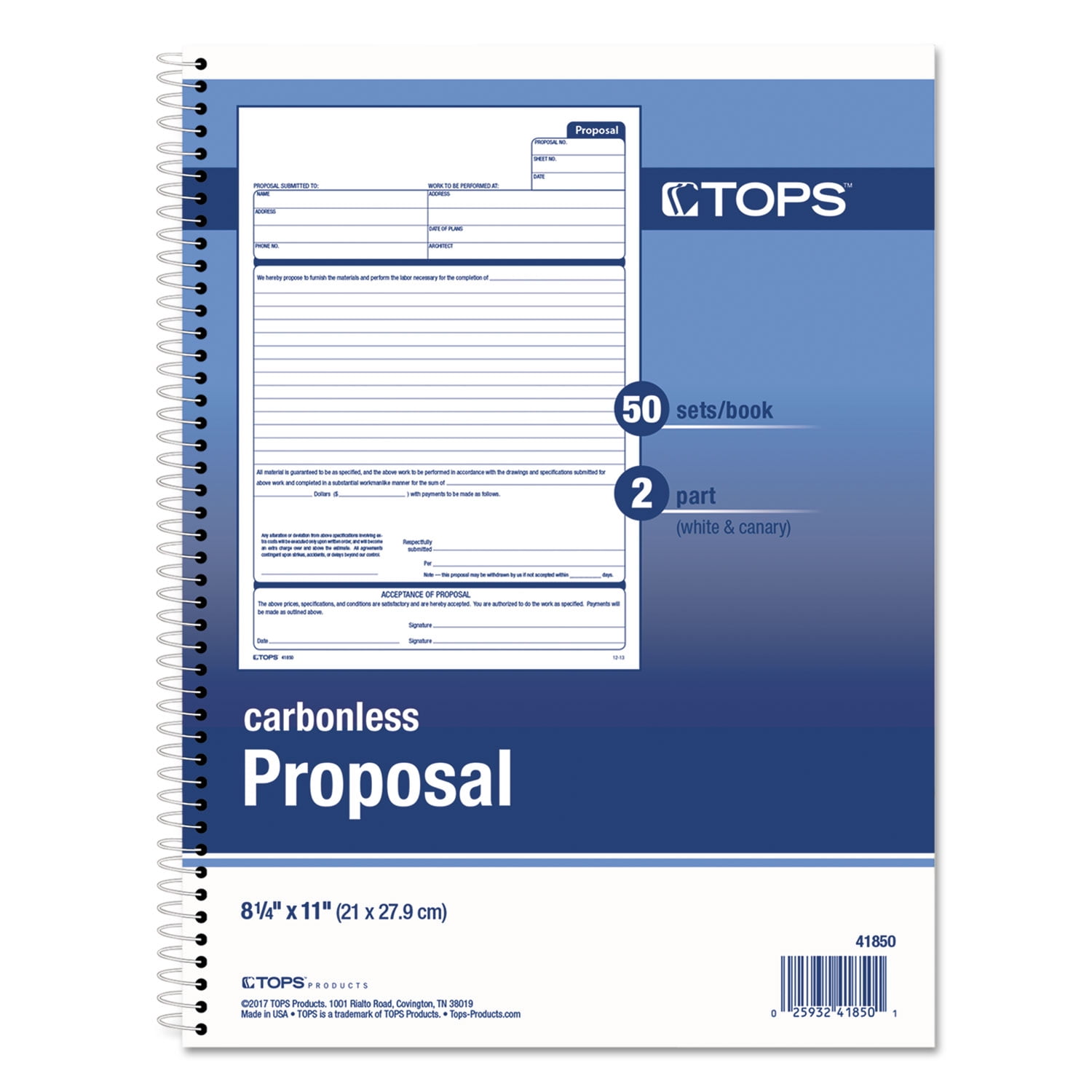 TOPS Products Spiralbound Proposal Form Book, 8 1/2" x 11", Two-Part Carbonless, 50 Forms
