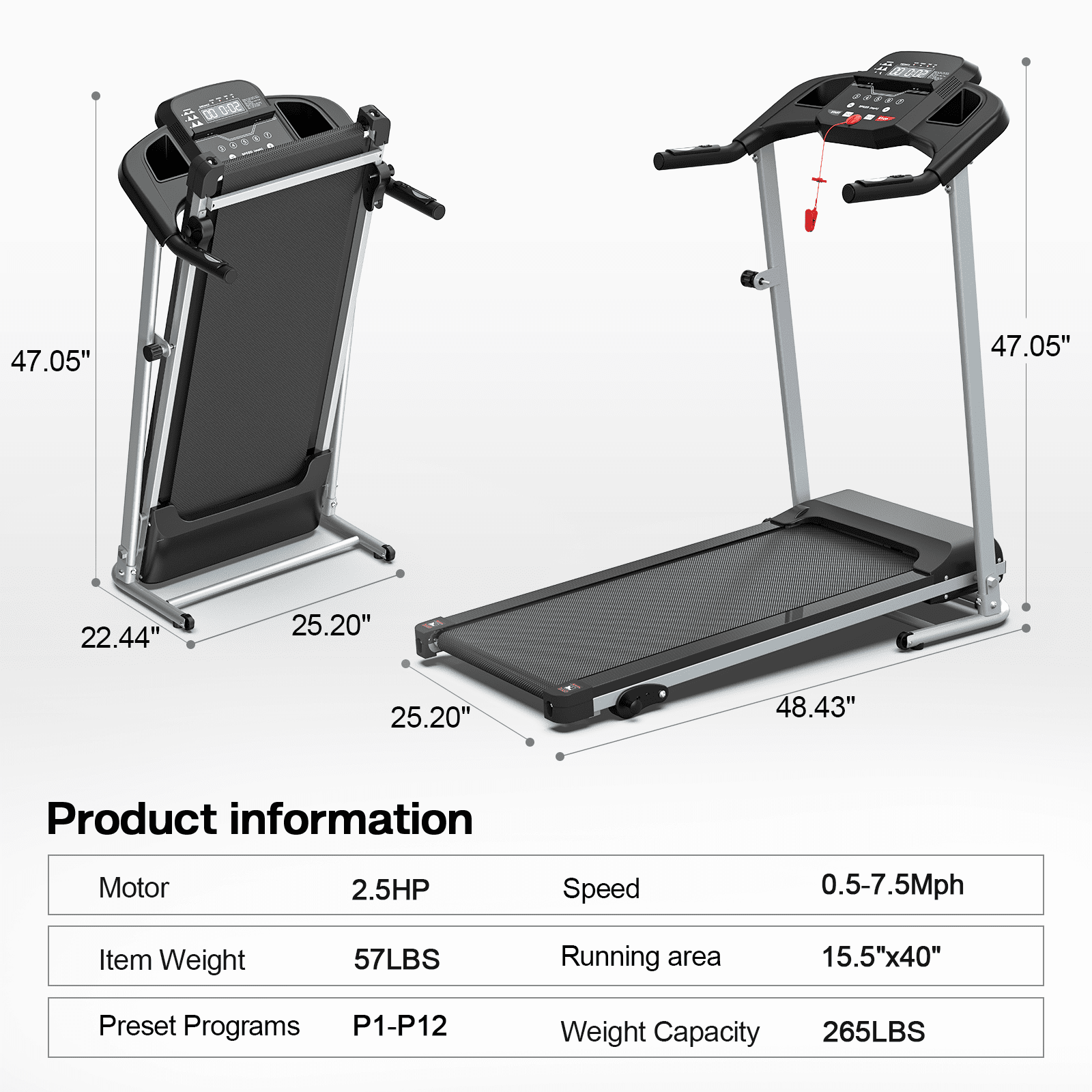 Aukfa Folding Treadmill for Home, Electric Running Walking Treadmill with Incline, 265 lbs Capacity, 7.5 MPH, Black