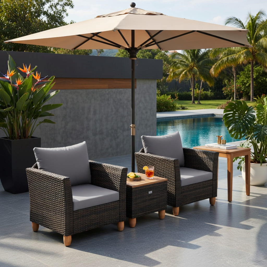 Hommoo 3-Piece Outdoor Rattan Bistro Set with Acacia Wood Table, Patio Chairs & Coffee Table for Balcony, Porch, Garden, Gray