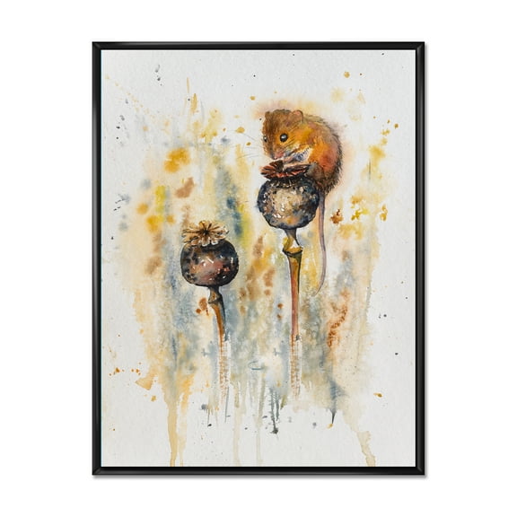 Designart 'Little Mouse Sitting On Poppies' Traditional Framed Canvas Wall Art Print