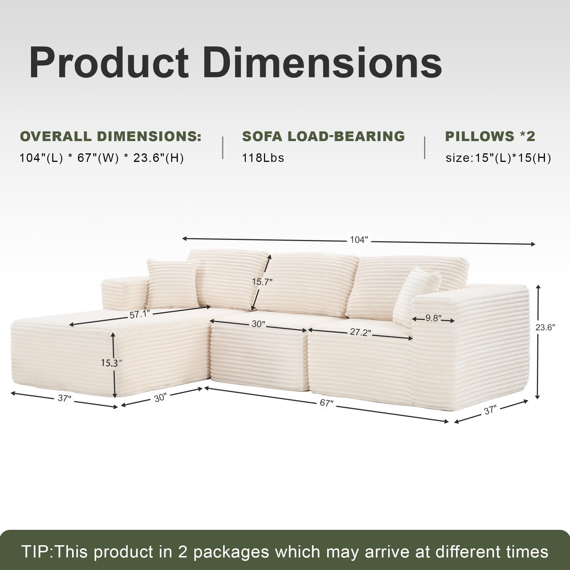 MAYEERTY Modern Corduroy Modular Sectional Sofa - Boneless Couch for Home, 104"W x 67"D Cream