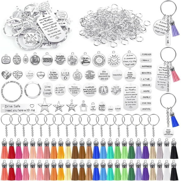 350Pcs Motivational Keychain Accessories Set with 50 Engraved Inspirational Words Charms, 50 Leather Keychain Tassels, 50 Keyring with Chain, 200 Open Jump Rings for DIY Crafting
