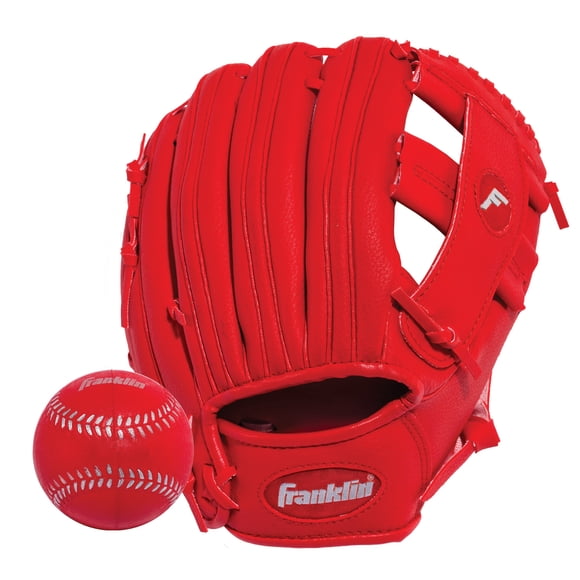 Franklin Sports Teeball Glove - Left and Right Handed Youth Fielding Glove - Synthetic Leather Baseball Glove - Ready to Play Glove (RTP) - 9.5 Inch Right Hand Throw - Red/Red with Ball