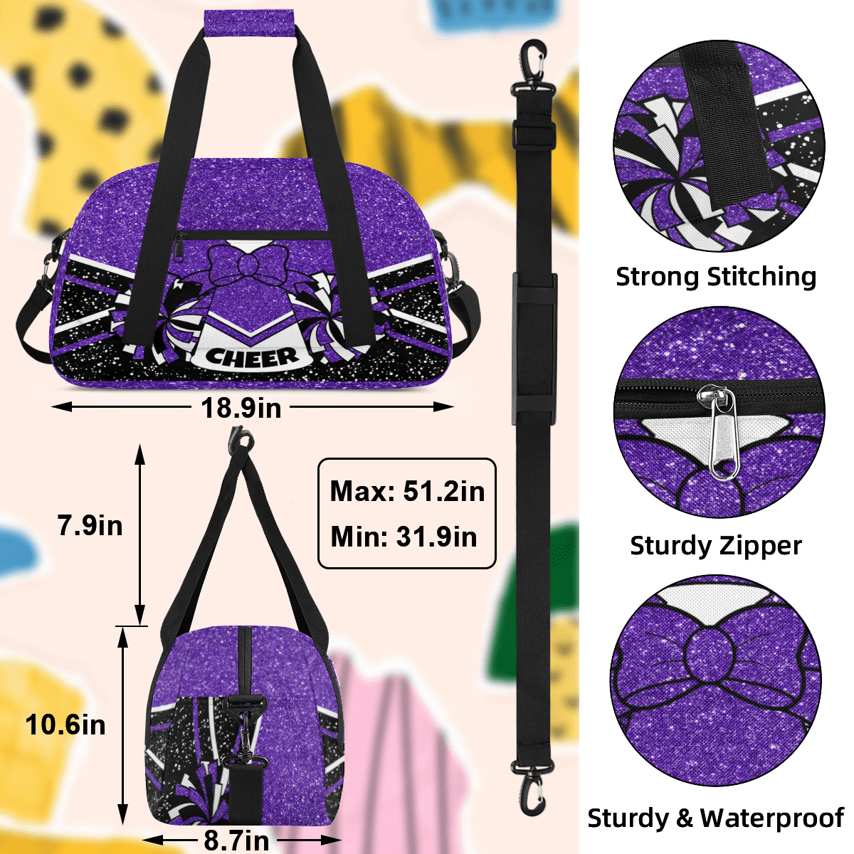Herdesigns Cheerleading Bags Overnight Duffel Bags Cheer Purple Sport Gym Bag Travel Bag Travel Waterproof Weekender Bag Carry On Travel Tote Bag Dance Bags
