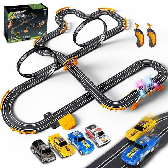 Slot Car Race Track for Kids with 4 Slot Cars, Dual Racing Electric Car Tracks Game Featuring Flash Bridge and Pendulum Toys Gifts for Boys Girls Age