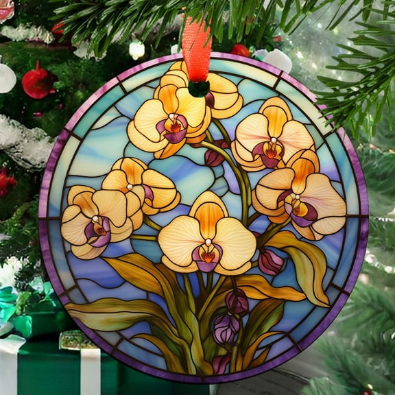 Yellow Orchids: Ornament Style Wall or Window Hanging Made With Real Glass, 2025, Holiday Decoration, Seasonal Keepsake Gift, Unique Collectible, 2025, Festive Home Accent,