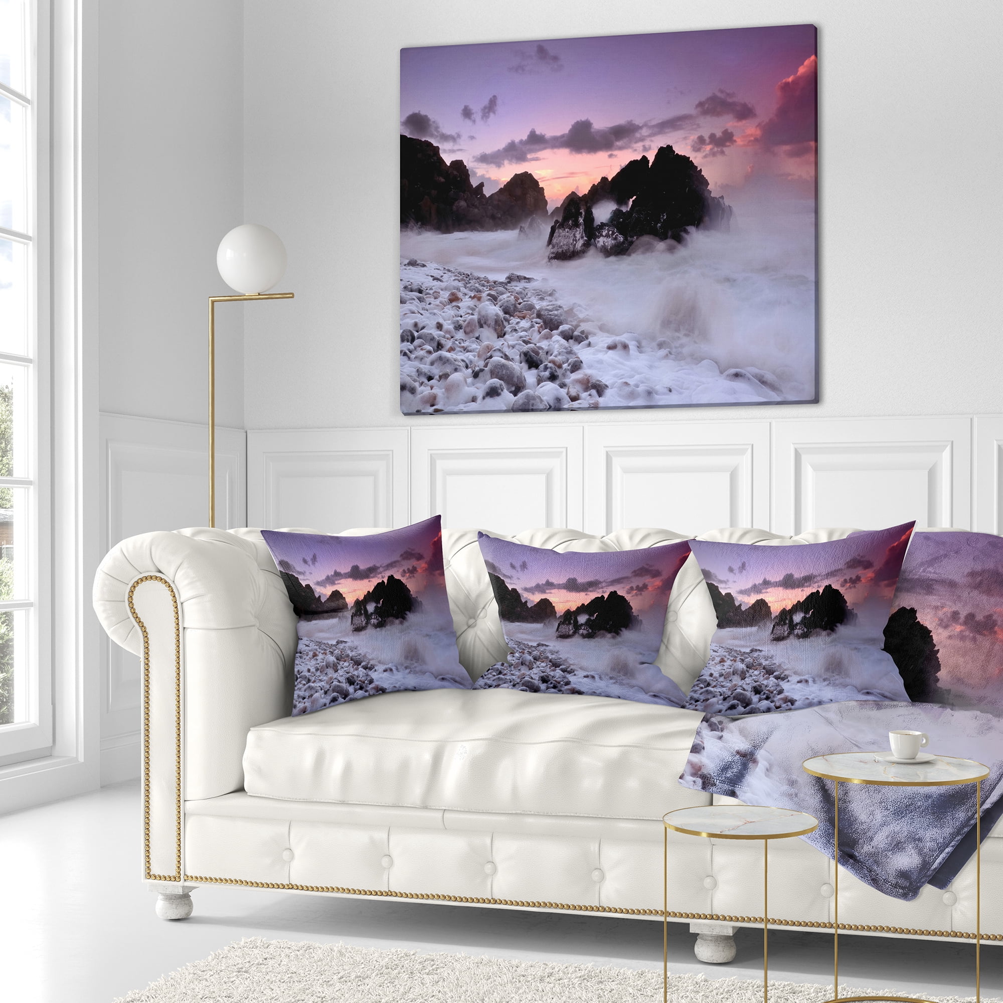 Designart White Sand at Abano Beach Portugal - Seashore Throw Pillow - 18x18