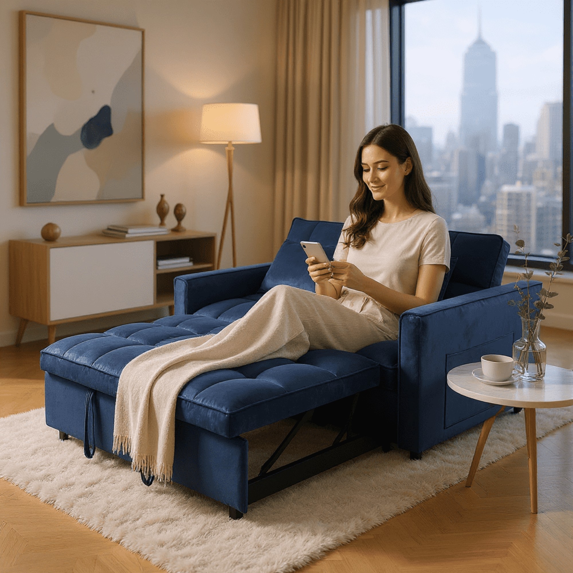 BSHTI 51.1" Pull-Out Sleeper Sofa Bed, Twin-Size Fold Out Sleeper, With 3 Angles Backrest Reclined, Velvet Upholstery, Side Storage Pocket and Two Pillows, Blue
