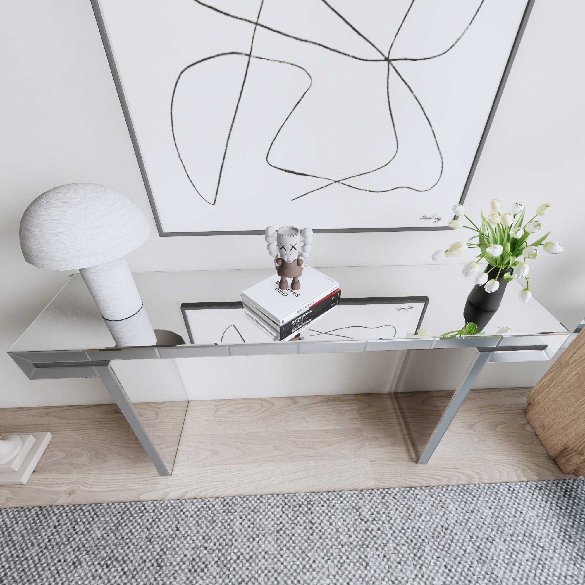 60 Inches Luxury Full-Length Mirror Console Table with Fluted Tempered Glass, Entryway Mirrored Sofa Table, Light Luxury Style, Scratch-Resistant, Reinforced Packaging (Silver)
