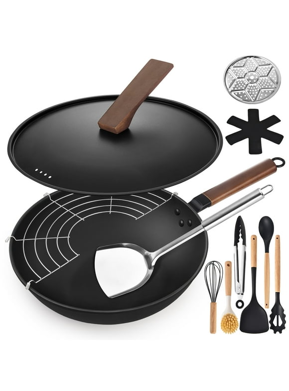 13'' Carbon Steel Wok, 12 Piece Wok Pan & Stir-Fry Pans Set with Lid & Cookwares, No Chemical Coated Flat Bottom Nonstick Wok, Chinese Wok Pan for Induction, Electric, Gas, Halogen, All Stoves