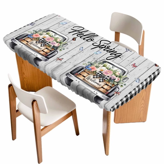 Spring Flowers Table Cloths for 4 Foot Rectangle Tables, Farmhouse Truck Black Plaid Wood Grain Patio Waterproof Elastic Fitted Tablecloths, Washable Rectangular Table Cover for Camping