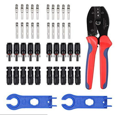 

Solar Crimping Tool Set for 2.5/4/6 mm² Solar PV Cable 5 Pairs of MC4 Connectors 9 Pairs Male/Female Solar Plug 1 x MC4 Crimping Pliers 1 Pair of Wrench for Solar Plug Cable Connection