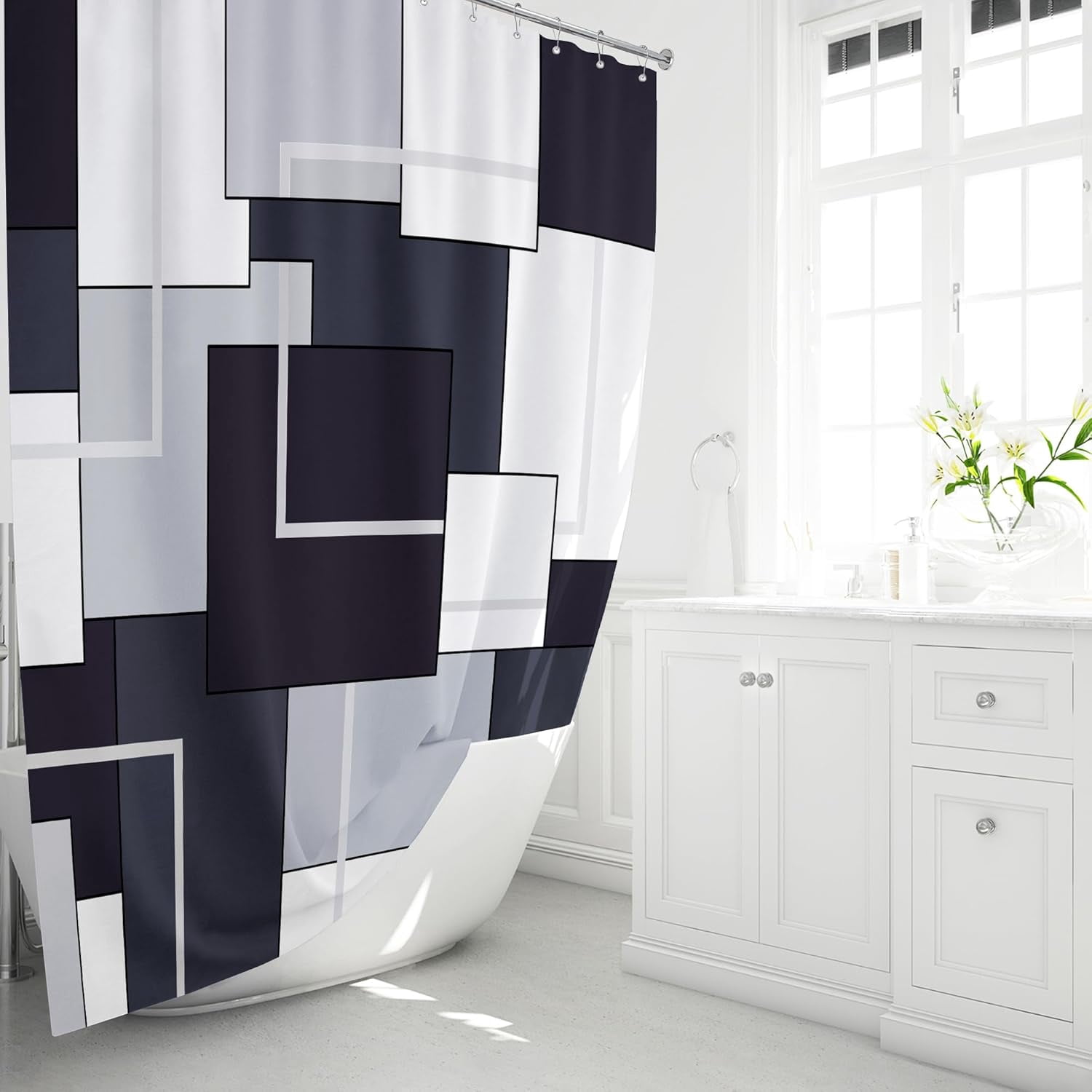 Extra Long Fabric Shower Curtain - 72 x 84 Inches Long Geometric Cloth Shower Curtain Set with 12 Plastic Hooks, Large Hotel Modern Abstract Polyester Curtains for Bathroom Showers - Black