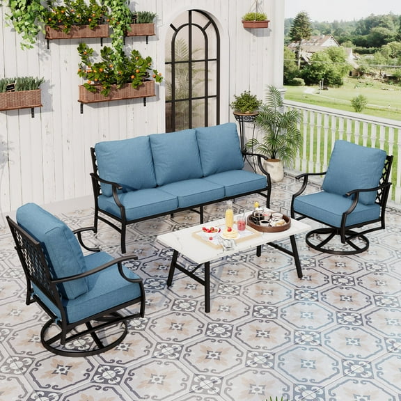 Sophia&William 5 Seat Outdoor Patio Furniture Set Metal Patio Conversation Set Outside Sofa with Marble Table for Backyward, Lawn, Navy Blue