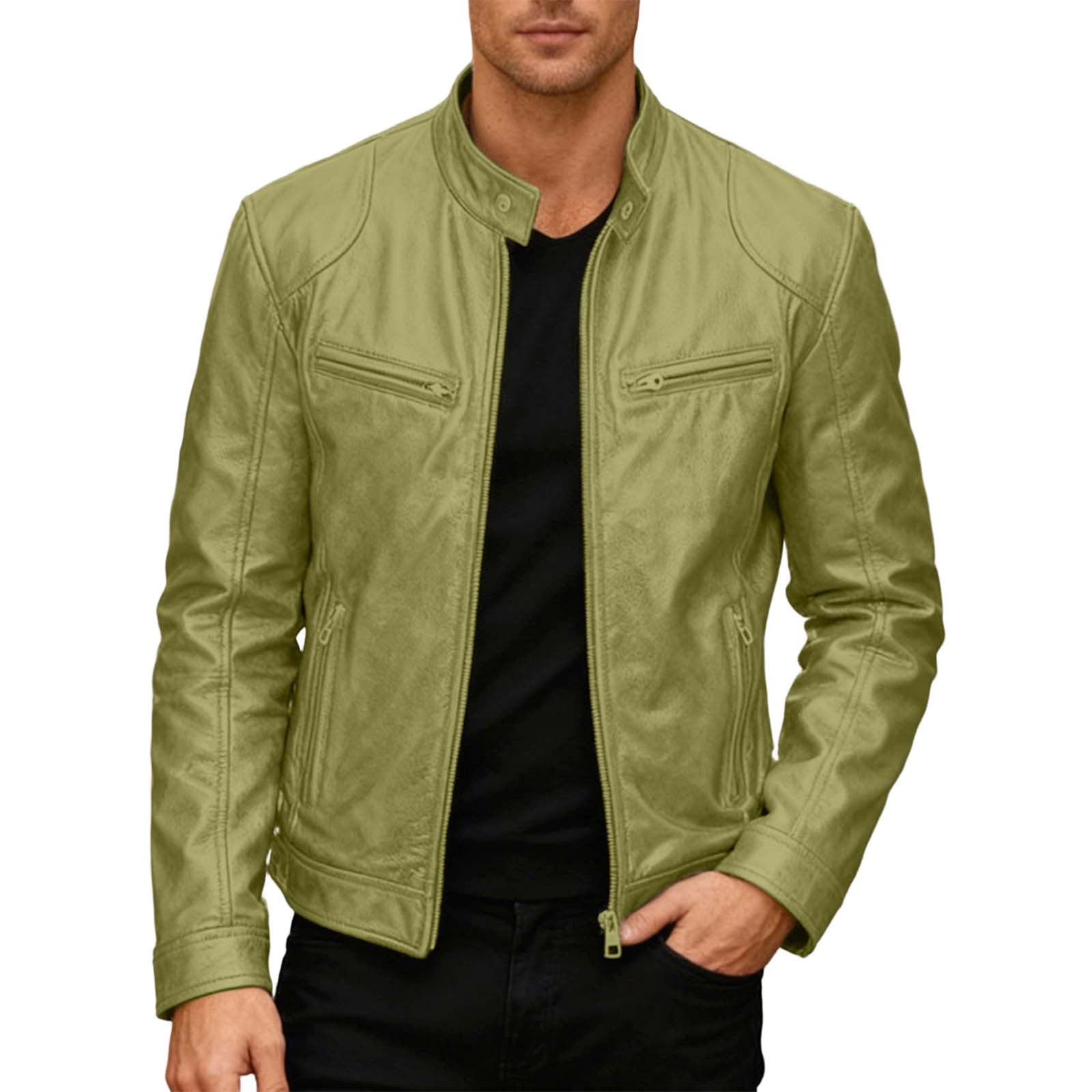 Wuxian Men Punk Leather Jacket Stand Collar Full Zip Up Business Oversized Long Sleeve Casual Cozy Windproof Stylish Streetwear,Green,S