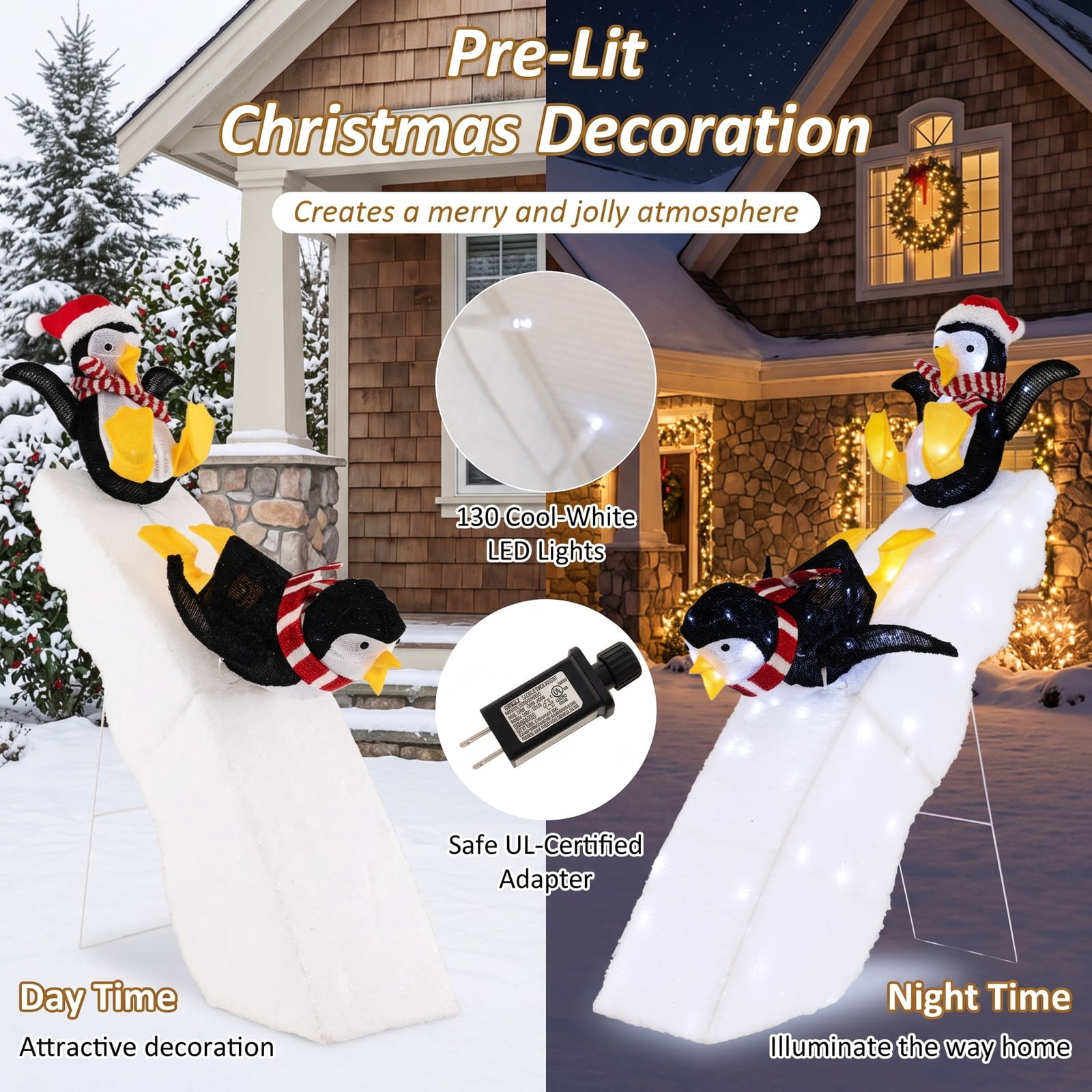 RUIE 4 Feet Christmas Penguin Ice Skating Decoration with Snowy Slide, 130 LED Lights Lighted Outdoor Indoor Holiday Yard Decor, Black White Yellow