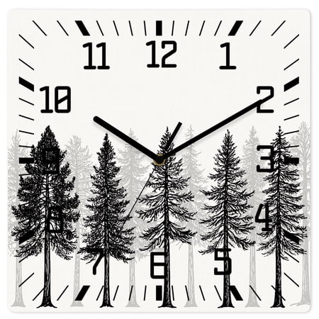 Wall Clock Pine Tree Forest Operated Square Clocks Wooden Silent Non-Ticking Wallclock 10 Inch Black Woodland Landscape Wood Wall Clock for Living Room Bedroom Office Shool Home Decor