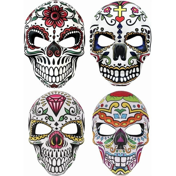 Day of the Dead Mask Set 4 Piece Sugar Skull Full Face Masks for Halloween and Mexican Festivals, Vibrant Calavera Face Coverings for Women and M