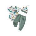 thumbnail image 2 of Argulvti Baby Boy Dinosaur 3-Piece Outfit, Short Sleeve Pocket Romper + Solid Pants + Matching Hat, Summer Set, 2 of 10
